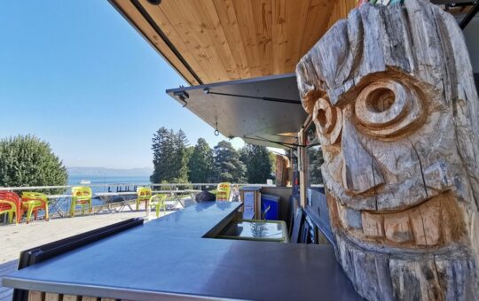 comptoir et teraase bar au bord eau avec sculpture bois